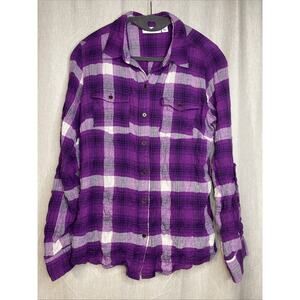 St John's Bay Women's Small-Button Up Shirt Purple Plaid/Rolltab SLV/Cowboy Chic